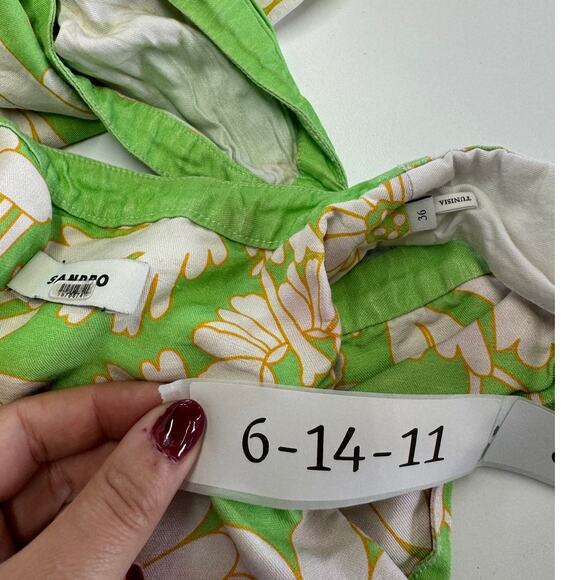 Sandro Dress Womens 36 Small Green Floral Ludmila Cutout Midi Linen Blend - Picture 6 of 15
